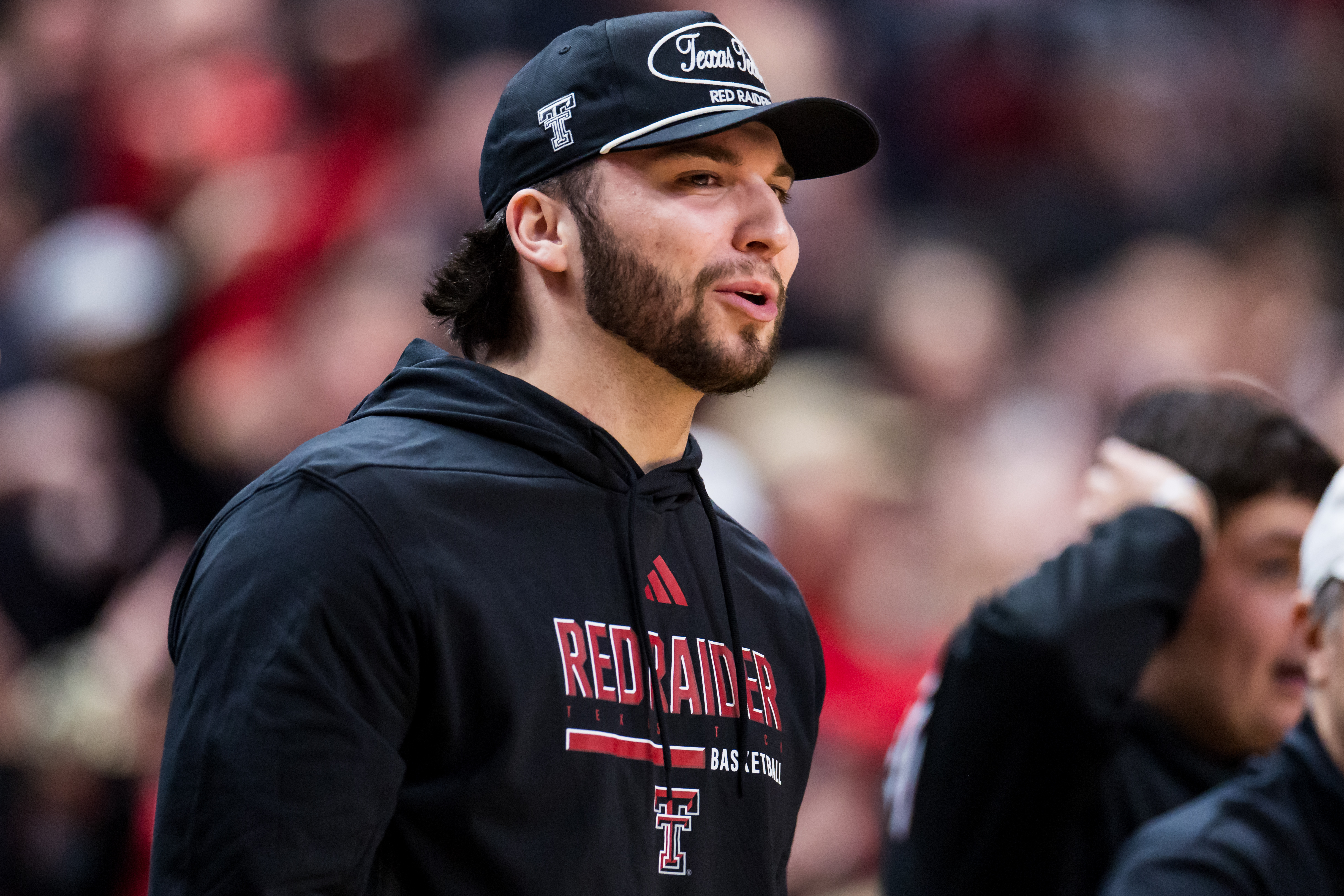 LUBBOCK, TEXAS - JANUARY 24: Future Texas Tech quarterback Brendan Sorsby shouts during the first half of the game between the Houston Cougars and the Texas Tech Red Raiders at United Supermarkets Arena on January 24, 2026 in Lubbock, Texas. (Photo by John E. Moore III/Getty Images)