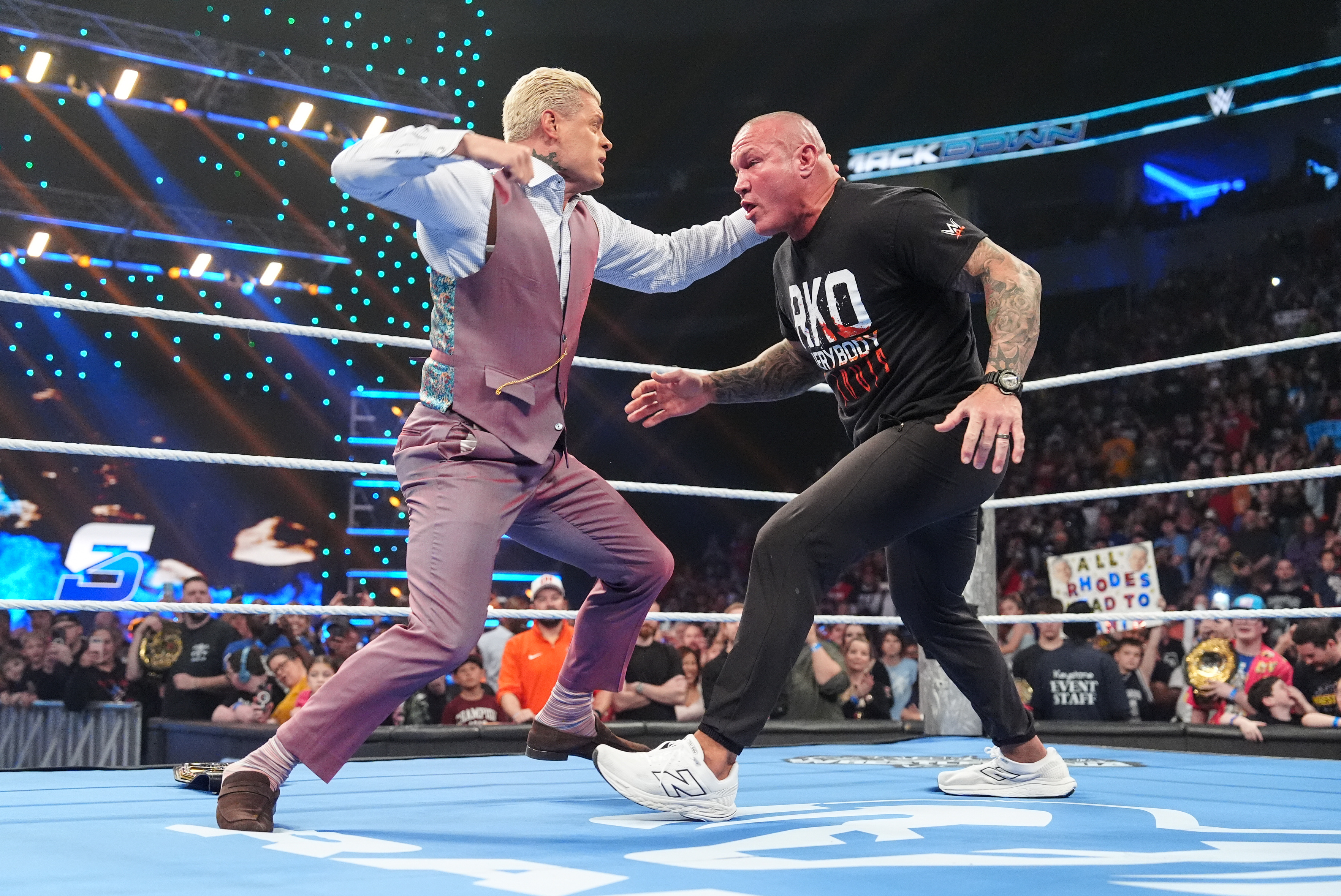 ST LOUIS, MISSOURI - APRIL 3: (L-R) Cody Rhodes and Randy Orton do battle during SmackDown at Enterprise Center on April 3, 2026 in St Louis, Missouri.  (Photo by Georgiana Dallas/WWE via Getty Images)