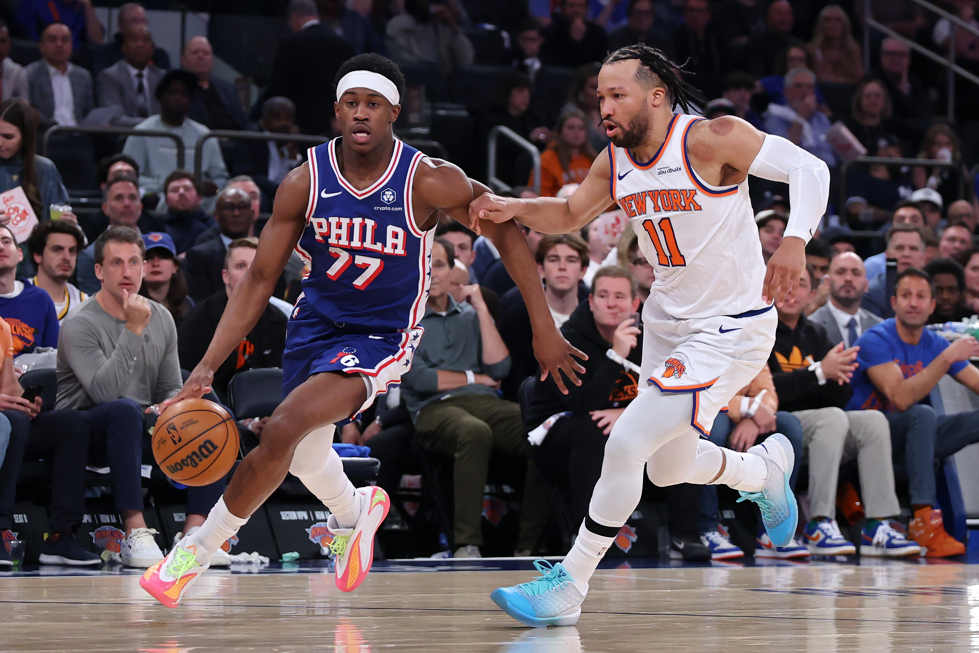  Vj Edgecombe #77 of the Philadelphia 76ers drives around Jalen Brunson #11 of the New York Knicks during the third quarter in Game One of the Second Round of the NBA Eastern Conference Playoffs at Madison Square Garden on May 04, 2026 in New York City. NOTE TO USER: User expressly acknowledges and agrees that, by downloading and or using this photograph, User is consenting to the terms and conditions of the Getty Images License Agreement. (Photo by Al Bello/Getty Images)
