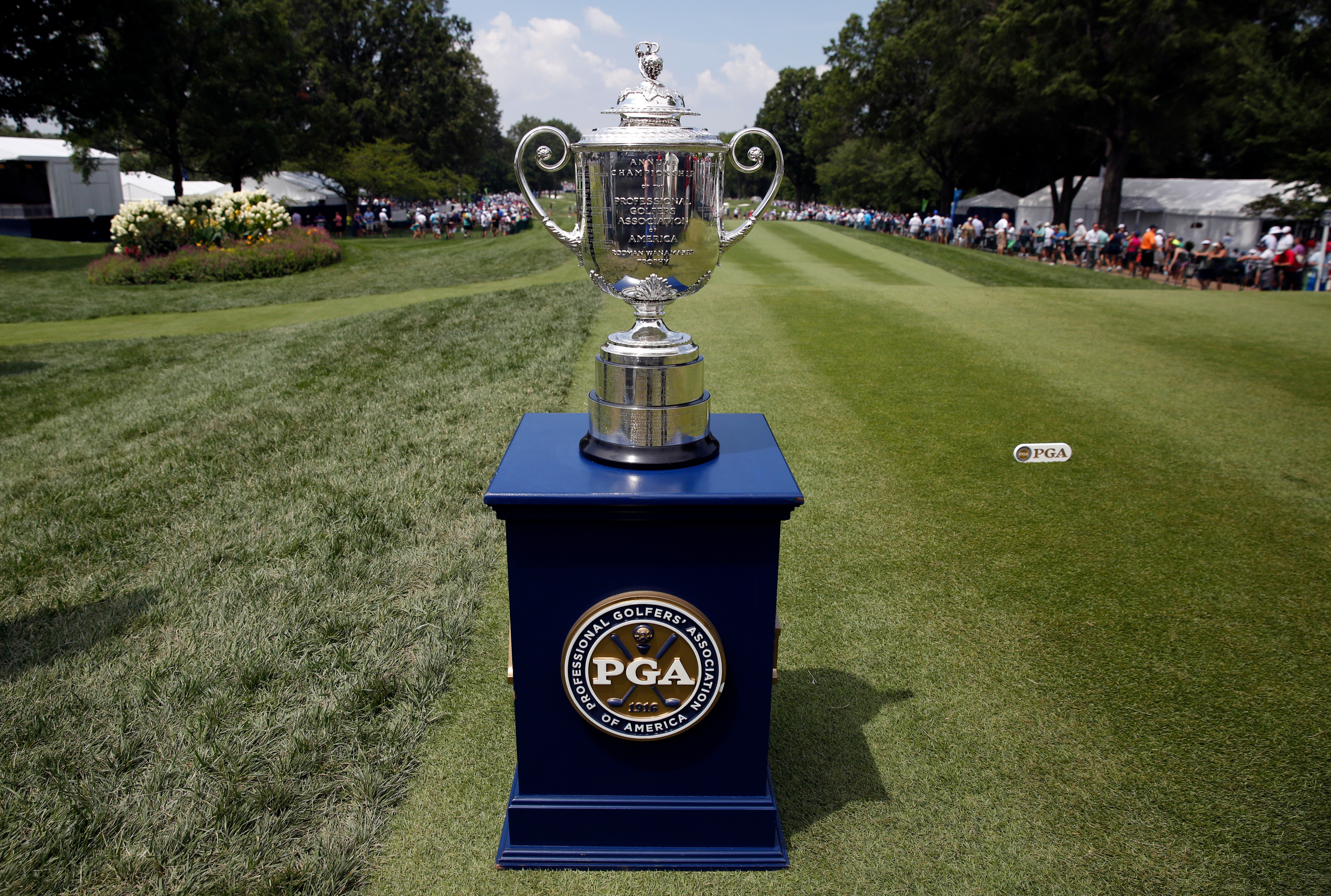 FILE - The Wanamaker Trophy is displayed during the first round of the PGA Championship golf tournament at Bellerive Country Club, Thursday, Aug. 9, 2018, in St. Louis. (AP Photo/Brynn Anderson, File)